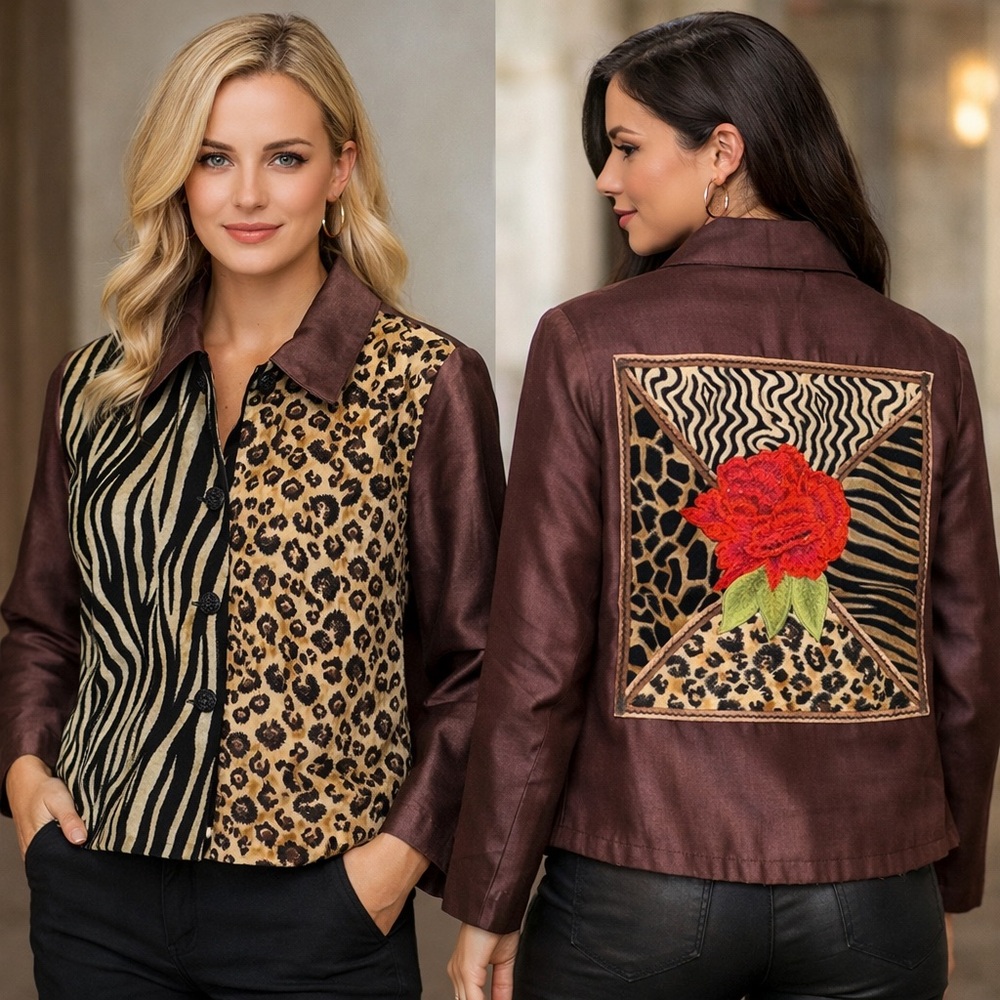 Vintage ANAGE Silk Tapestry Animal Print Jacket w/ Rose Patch – Small